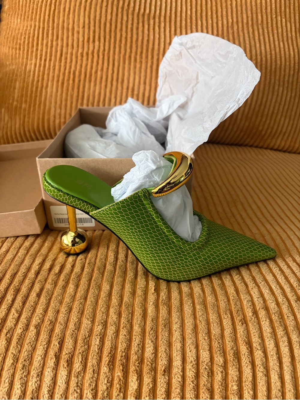 JW PEI Green Pointed Mule with Gold Sculptural Heel